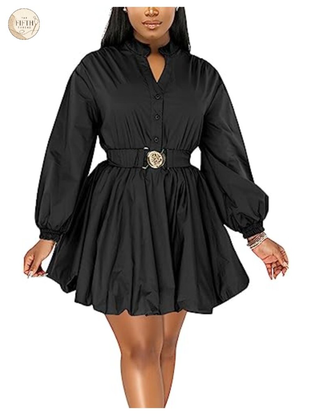 Puff Sleeve Mini Dress with Belt Button Down V Neck Club Night Out